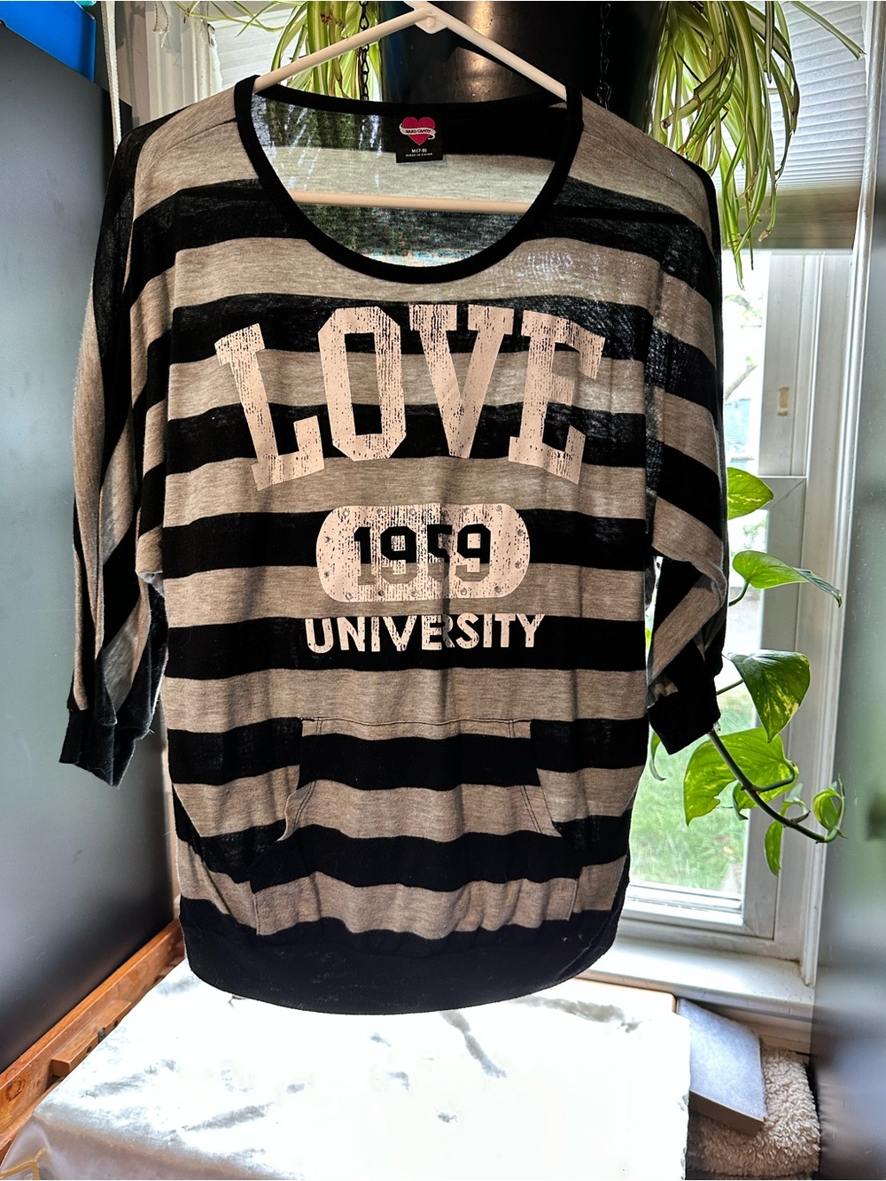 Hard Candy Black and Gray Striped "LOVE 1959 UNIVERSITY" Women's Top